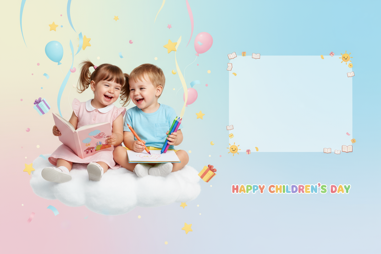 A bright and cheerful Children’s Day banner featuring two happy toddlers (around ages 3–5) sitting together and sharing colorful books or coloring with crayons. The scene shows joy and friendship. The background should be vibrant and playful with confetti, stars, and gift icons, using pastel colors (sky blue, yellow, pink). Include a subtle headline text area space on the right side (blank or lightly blurred for text placement). Style should be modern, clean, and kid-friendly, resembling an educational bran