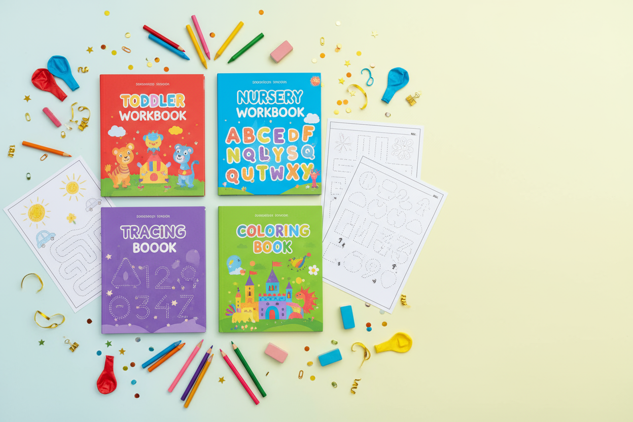 A bright, cheerful flat lay image featuring four colorful children’s workbooks labeled or visually styled as Toddler Workbook, Nursery Workbook, Coloring Book, and Tracing Book. Arrange them neatly with crayons, pencils, erasers, and activity sheets spread playfully around. Add small festive touches like confetti, stars, or balloons to create a Children’s Day celebration feel. The background should be pastel yellow or sky blue, clean and modern, with ample blank space on one side for headline text. Include