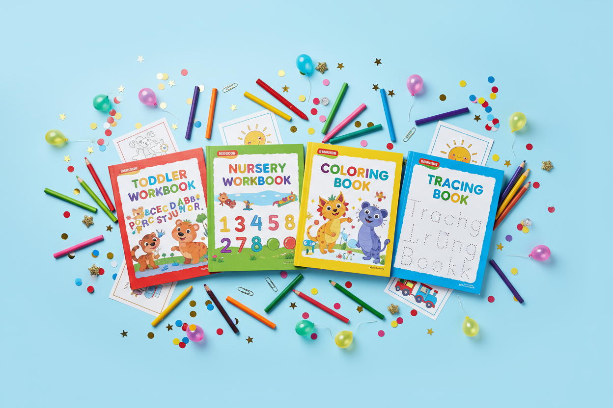 A bright and cheerful flat lay or top-view image of four colorful children’s books — Toddler Workbook, Nursery Workbook, Coloring Book, and Tracing Book — arranged neatly in the center. Surround the books with crayons, pencils, and small activity sheets, giving a fun, learning vibe. Add small festive details like confetti, stars, or balloons to reflect a Children’s Day celebration.

Use a pastel yellow or sky blue background, keeping it clean and playful.
Leave some empty space at the top and bottom for tex