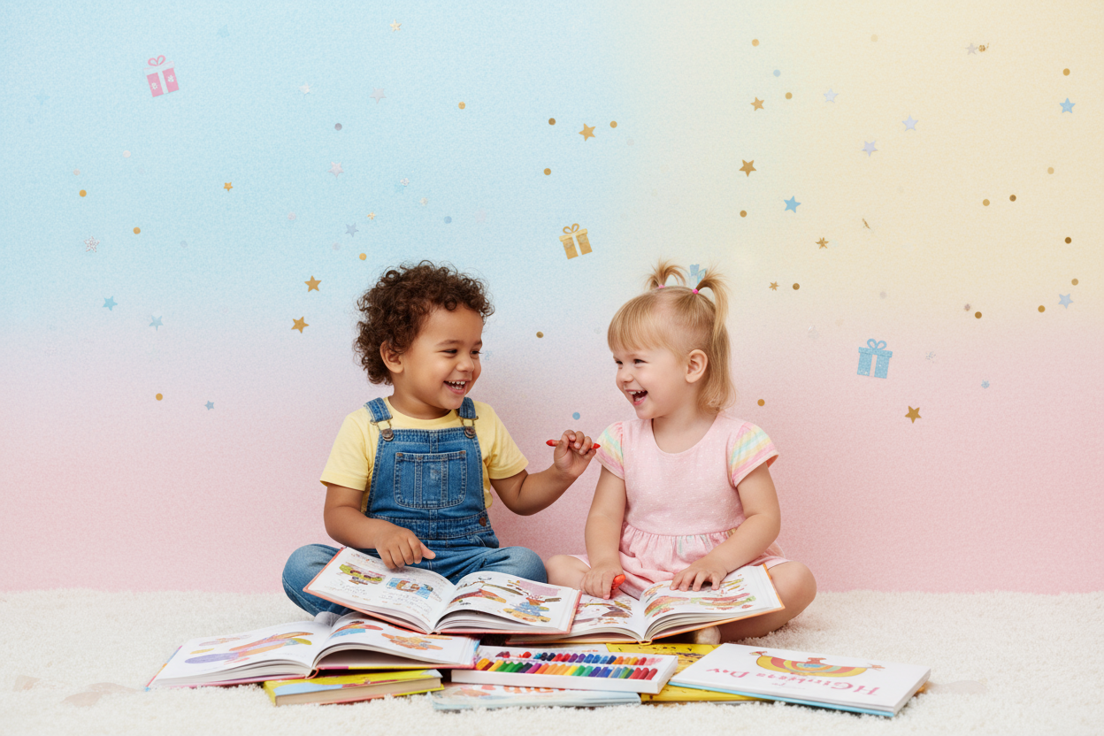 A bright, joyful vertical image featuring two happy toddlers (around ages 3–5) sitting together and sharing colorful books or coloring with crayons. They should look cheerful and engaged, symbolizing friendship and sharing.

The background should be playful with soft pastel colors (sky blue, pink, or yellow), decorated with confetti, stars, or gift icons for a Children’s Day feel.
Leave ample empty space at the top and bottom for headline and button text overlay (e.g., “Buy 1 Gift 1 Free”).
Add a subtle tex